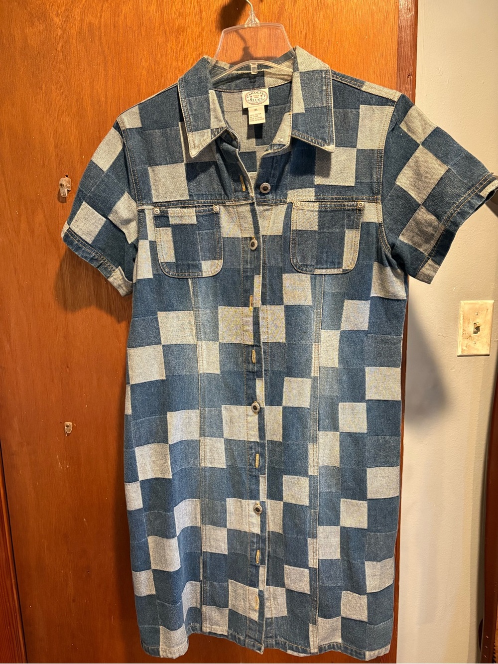 Checkerboard Denim Shirt Dress in Blue